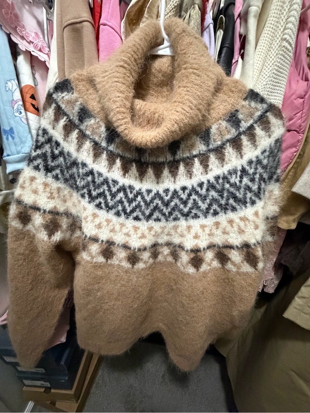 Zara Cozy Turtleneck Fair Isle Sweater - Camel/White/Charcoal